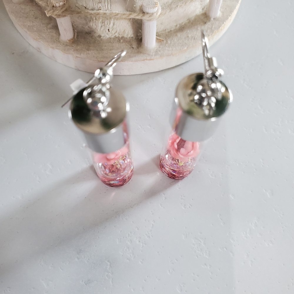 Pink Wish Flowers Glass Bottle Dangle Earrings - Picture 9 of 14